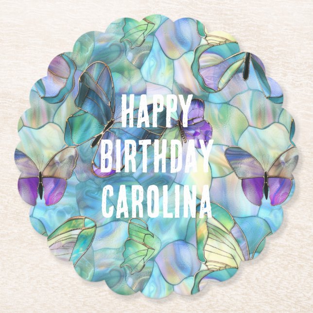 Posavasos De Papel Mariposas azul turquesa púrpura (Anverso)