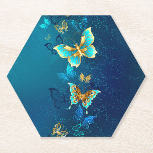 Posavasos De Papel Mariposas doradas sobre fondo azul