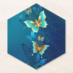 Posavasos De Papel Mariposas doradas sobre fondo azul