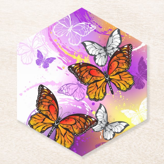 Posavasos De Papel Mariposas monarcas en fondo morado (Anverso)