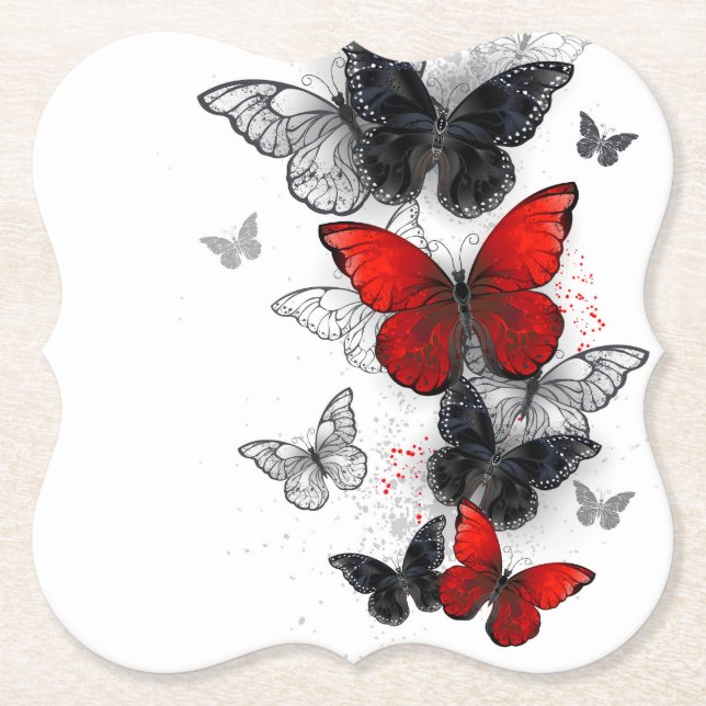 Posavasos De Papel Mariposas Morpho voladoras negras y rojas (Anverso)