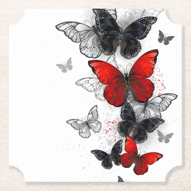 Posavasos De Papel Mariposas Morpho voladoras negras y rojas (Anverso)