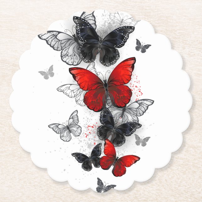 Posavasos De Papel Mariposas Morpho voladoras negras y rojas (Anverso)