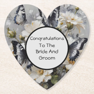 Posavasos De Papel Mariposas Negras Y Blancas Sobre Flores Blancas,