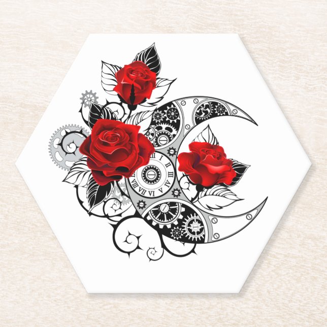 Posavasos De Papel Media luna mecánica con rosas rojas (Anverso)