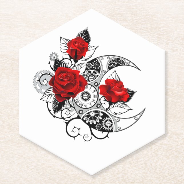 Posavasos De Papel Media luna mecánica con rosas rojas (Anverso)