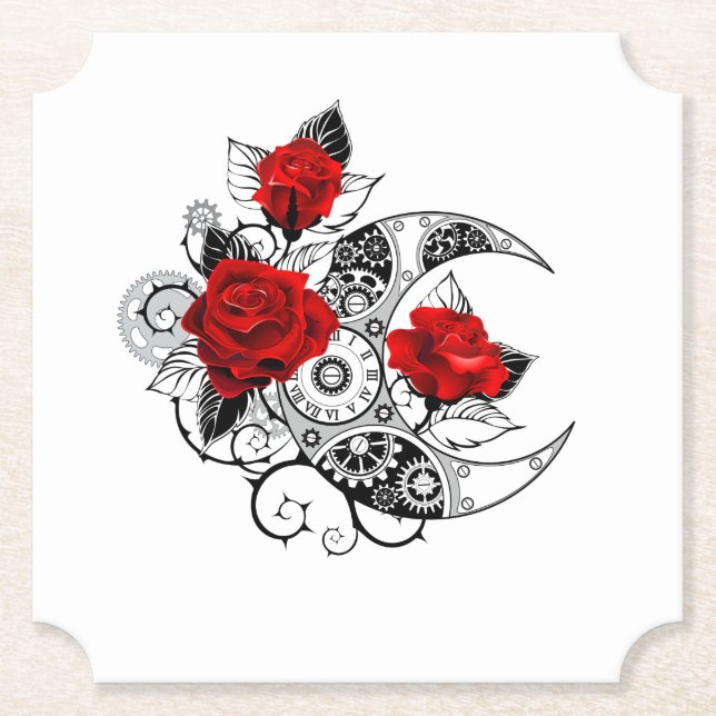 Posavasos De Papel Media luna mecánica con rosas rojas (Anverso)
