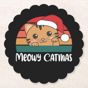 Posavasos De Papel Merry Catmas Funny Cat Navidades Pun Paper Coaster