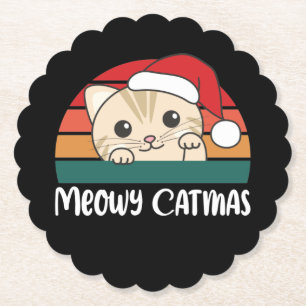 Posavasos De Papel Merry Catmas Funny Cat Navidades Pun Paper Coaster
