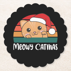 Posavasos De Papel Merry Catmas Funny Cat Navidades Pun Paper Coaster