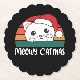 Posavasos De Papel Merry Catmas Funny Cat Navidades Pun Paper Coaster