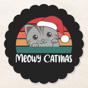 Posavasos De Papel Merry Catmas Funny Cat Navidades Pun Paper Coaster