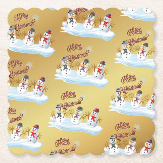 Posavasos De Papel Merry Christmas and snowmen on faux gold