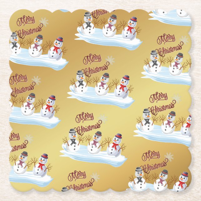 Posavasos De Papel Merry Christmas and snowmen on faux gold (Anverso)