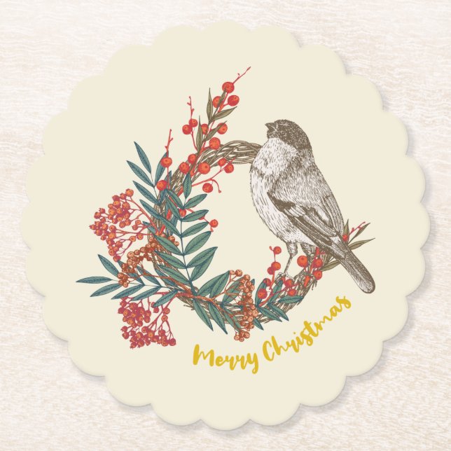 Posavasos De Papel Merry Christmas Bird Wreath (Anverso)