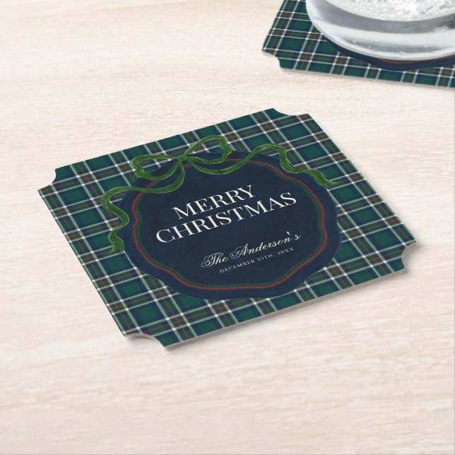 Posavasos De Papel Merry Christmas Classic Preppy Tartan Plaid (En perspectiva)