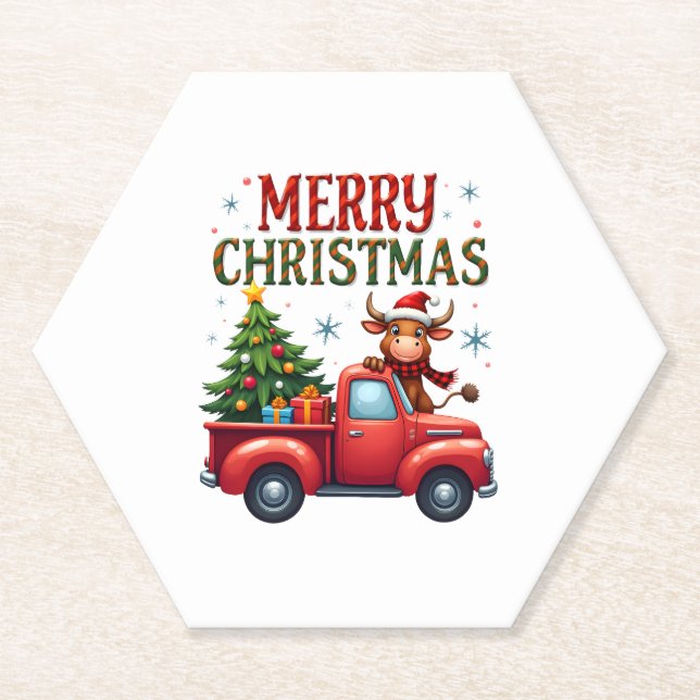 Posavasos De Papel Merry Christmas Scottish Highland Cow Xmas Farm An (Anverso)