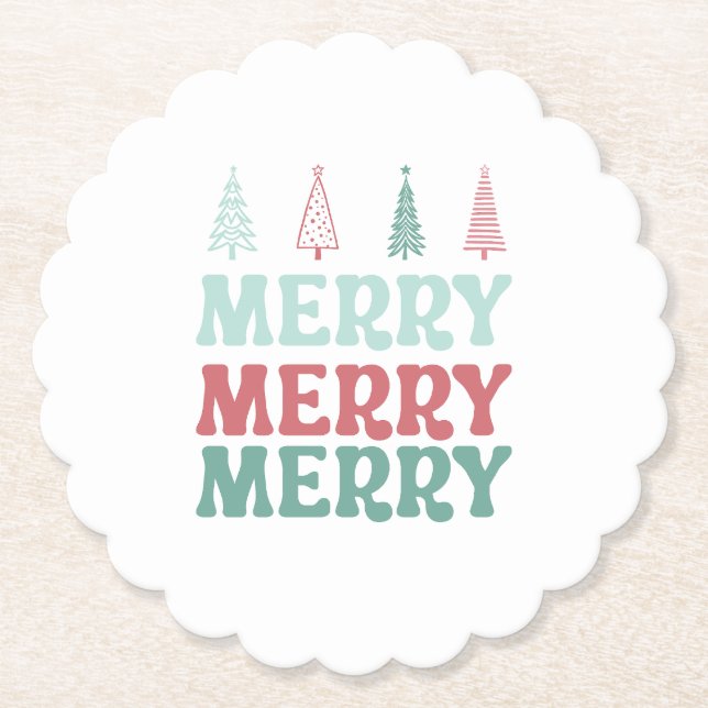 Posavasos De Papel Merry Merry Merry with Pastel Boho Christmas Trees (Anverso)