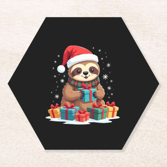 Posavasos De Papel Merry Slothmas lindos Navidades persiguen Santa ha (Anverso)