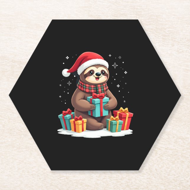 Posavasos De Papel Merry Slothmas lindos Navidades persiguen Santa ha (Anverso)
