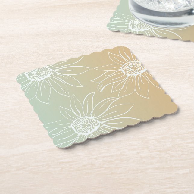 Posavasos De Papel Mint Peach White Daisies Floral (En perspectiva)
