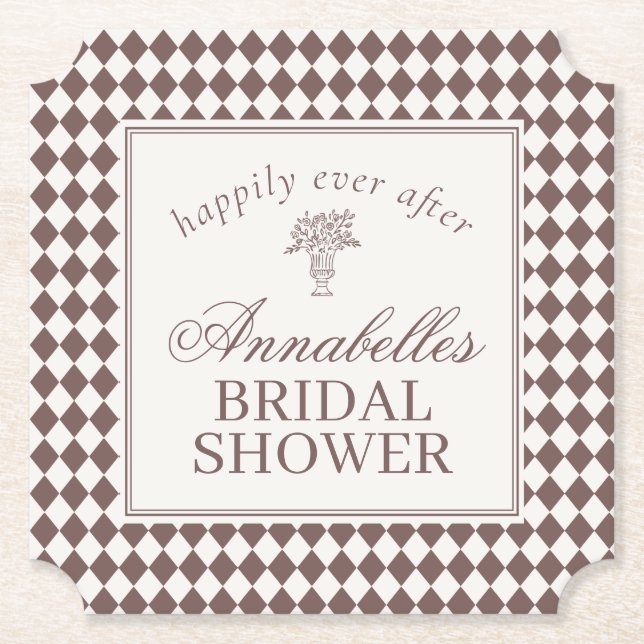 Posavasos De Papel Mocha Brown Harlequin Checkered Bridal Shower (Anverso)