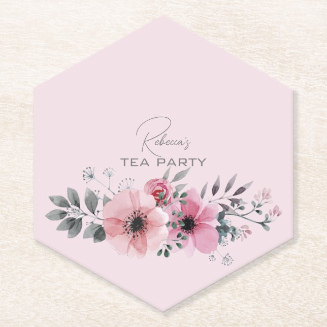 Posavasos De Papel Moda botánica floral elegante flor rosa gris (Anverso)