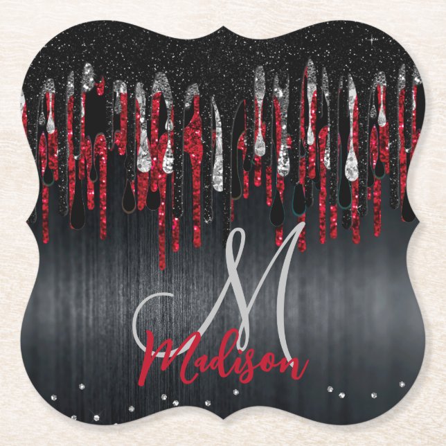 Posavasos De Papel Moda purpurina negro y rojo plata gotea monograma (Anverso)