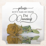 Posavasos De Papel Moda Rosa Ochre de Oro no tome mi bebida Boda<br><div class="desc">¡Esta montaña rusa boda es elegante, elegante y divertida! En él se ve una fotografía de un solo rosa de color ocre dorado de tallo largo o amarillo mostaza, que se encuentra en un estanque de agua. El texto dice "Por favor, no tomen mi bebida, estoy bailando" escrito con letras...</div>