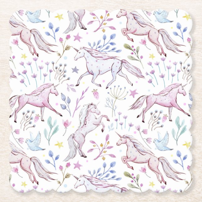 Posavasos De Papel Modelo floral del unicornio de la acuarela (Anverso)
