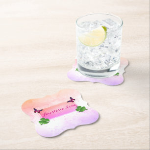Posavasos De Papel Moderna, elegante, mariposa rosa, trébol verde