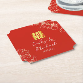 Posavasos De Papel Moderno elegante boda china floral guión rojo