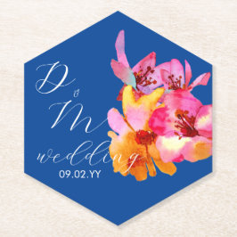 Posavasos De Papel Monograma acuarela de flores brillantes boda azul 