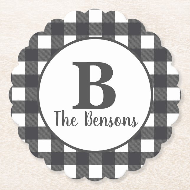 Posavasos De Papel Monograma blanco gris clásico con relleno de búfal (Anverso)