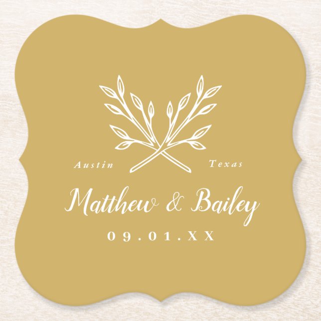 Posavasos De Papel Monograma Boda de ramas rusas | Amarillo mostaza (Anverso)