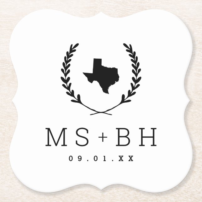 Posavasos De Papel Monograma de Laurel Escudo Texas Boda (Anverso)