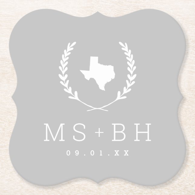 Posavasos De Papel Monograma de Laurel Escudo Texas Boda | Gris (Anverso)