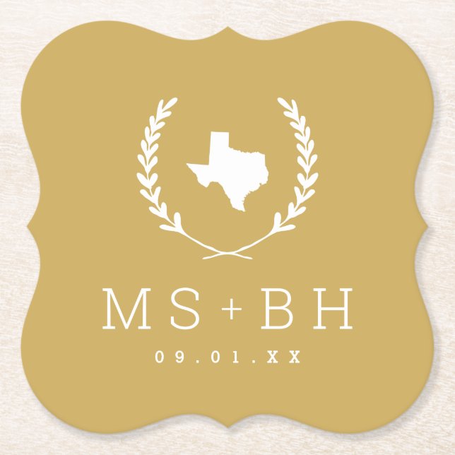 Posavasos De Papel Monograma de Laurel Escudo Texas Boda | Mostaza (Anverso)