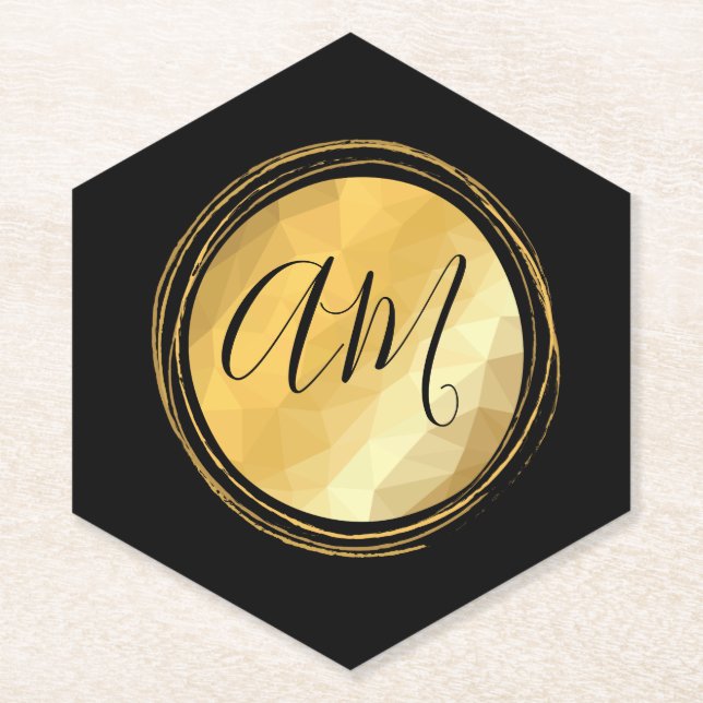 Posavasos De Papel Monograma de personalizado de marco dorado redondo (Anverso)