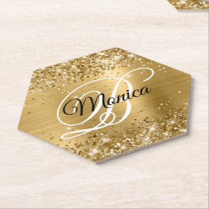 Posavasos De Papel Monograma de Relieve metalizado dorado Purpurinoso