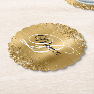 Posavasos De Papel Monograma de Relieve metalizado dorado Purpurinoso