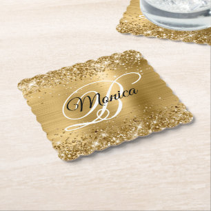 Posavasos De Papel Monograma de Relieve metalizado dorado Purpurinoso