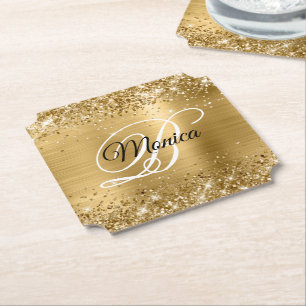 Posavasos De Papel Monograma de Relieve metalizado dorado Purpurinoso