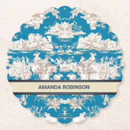 Posavasos De Papel Monograma de tela azul turquesa de jouy