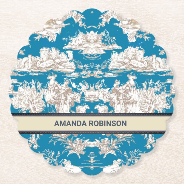 Posavasos De Papel Monograma de tela azul turquesa de jouy (Anverso)