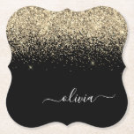 Posavasos De Papel Monograma del Purpurina negro dorado Nombre de la<br><div class="desc">Purpurina de guion de color negro y dorado Sparkle Monograma Nombre de papel Ataques de papel. Esto hace que la graduación perfecta, el cumpleaños, el boda, la ducha de novia, el aniversario, la ducha de bebé o la fiesta de soltera sea un regalo para alguien que ama el lujo glam...</div>
