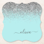 Posavasos De Papel Monograma del Purpurina plateado Verde azulado azu<br><div class="desc">Aqua Blue - Purpurina de espuma Verde azulada y plateada Guión Monograma Nombre Papel Adulto. Esto hace que la graduación perfecta, el cumpleaños, el boda, la ducha de novia, el aniversario, la ducha de bebé o la fiesta de soltera sea un regalo para alguien que ama el lujo glam y...</div>