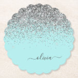 Posavasos De Papel Monograma del Purpurina plateado Verde azulado azu<br><div class="desc">Aqua Blue - Purpurina de espuma Verde azulada y plateada Guión Monograma Nombre Papel Adulto. Esto hace que la graduación perfecta, el cumpleaños, el boda, la ducha de novia, el aniversario, la ducha de bebé o la fiesta de soltera sea un regalo para alguien que ama el lujo glam y...</div>