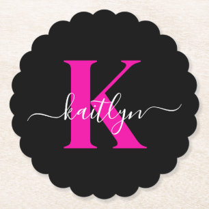 Posavasos De Papel Monograma Elegante de Negro y Rosa Script
