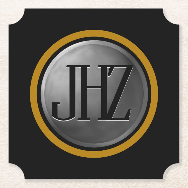 Posavasos De Papel Monograma elegante de oro negro plateado (Anverso)